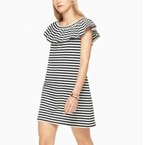 Kate Spade NWT Mini Dress Off Shoulder Black Stripe Shift Cotton A-Line Dress - Picture 3 of 10